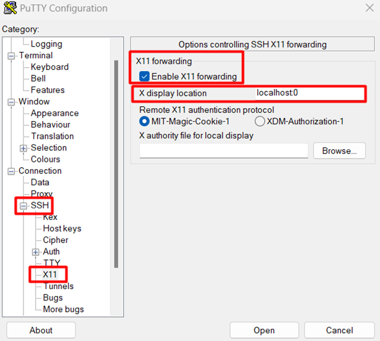 SSH and X11 configuration in PuTTY