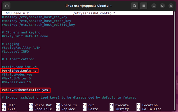 Disable PermitRootLogin and Activate PubkeyAuthentication