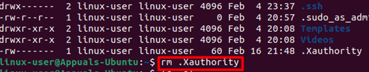 Command to remove Xauthority file