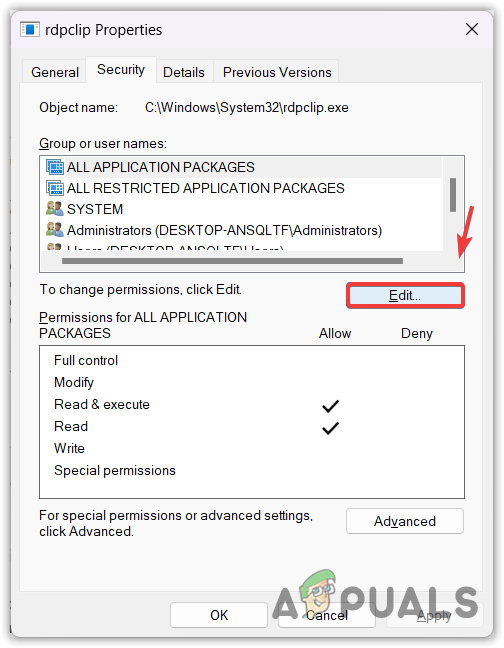 Proceeding to Edit permissions of a file