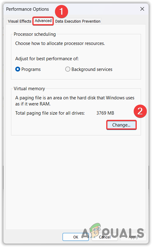 Proceeding to change a paging file size