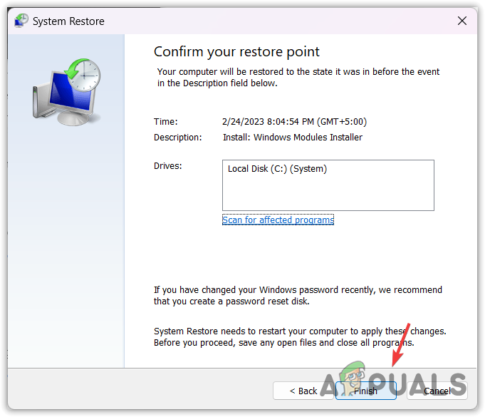 Proceeding to restore Windows to a previous state