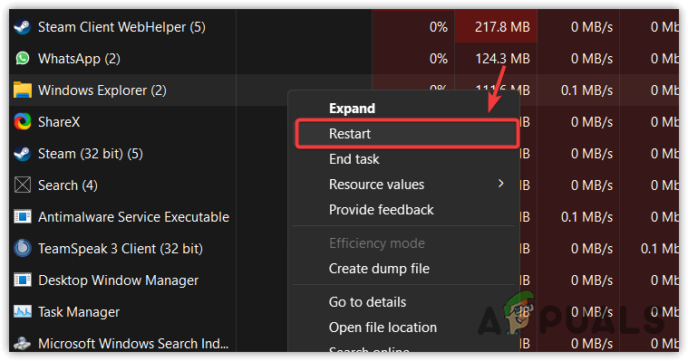 Restarting Windows Explorer from task manager