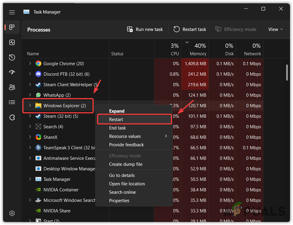 Restarting Windows Explorer