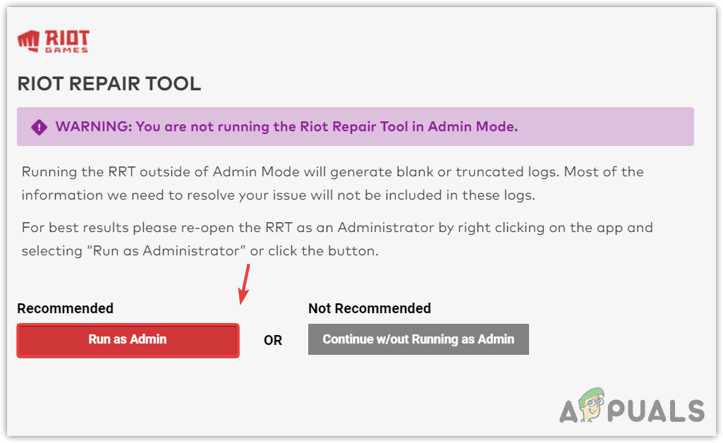 Running Riot Client Repair tool as an administrator