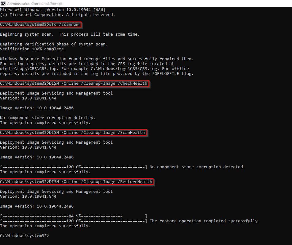 Running SFC and DISM scans in WIndows Command Prompt