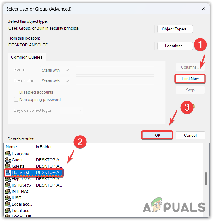 Selecting the username of a local account from the results
