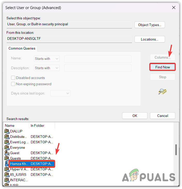 Selecting user name from the results