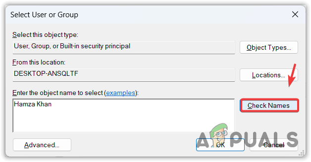 Selecting username to add a user account in security settings