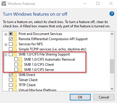 Disabling SMB 1.0 in Windows