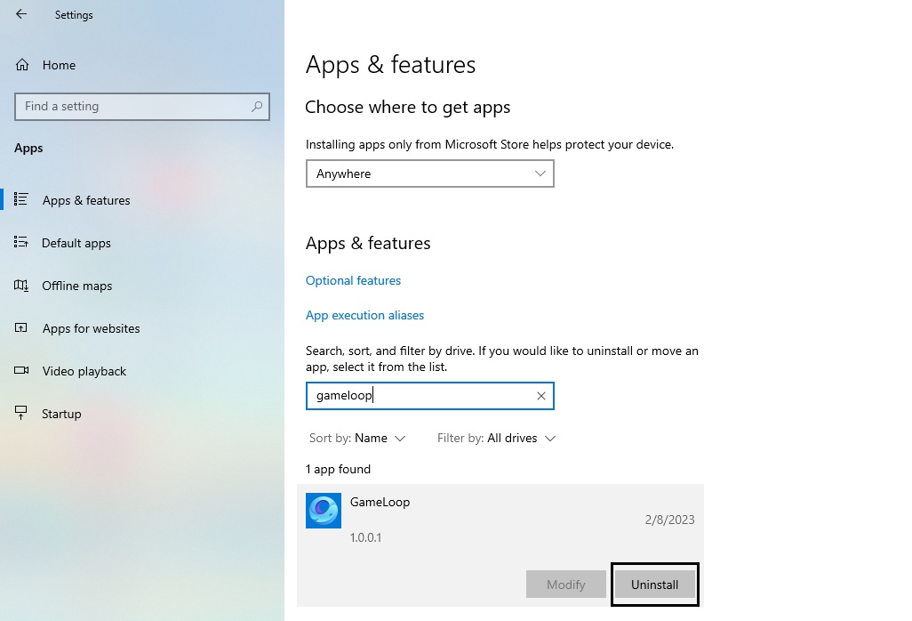 Uninstalling GameLoop in Windows 10