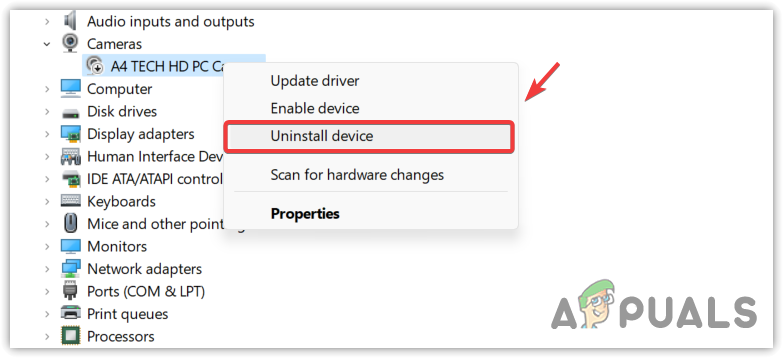 Uninstalling Camera device driver