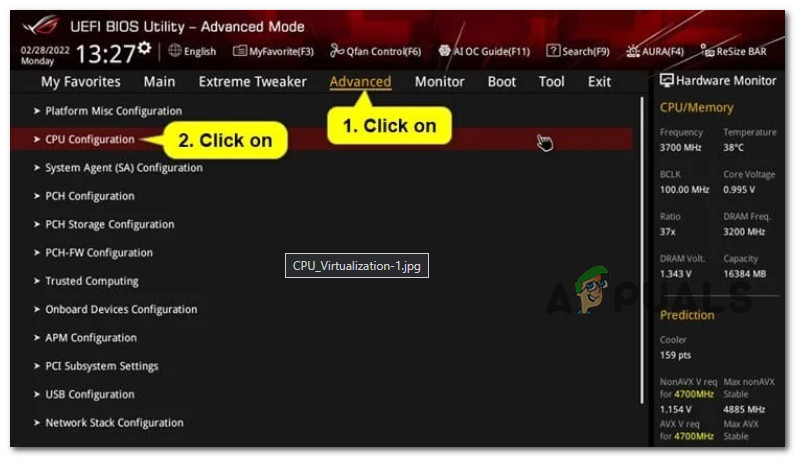 Access the CPU configuration screen