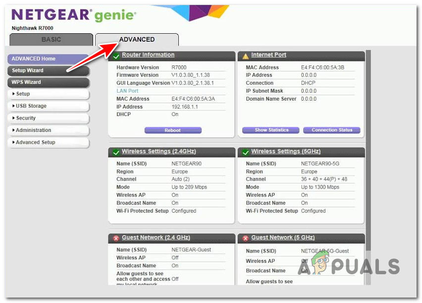 Accessing the advanced tab in the NetGear router