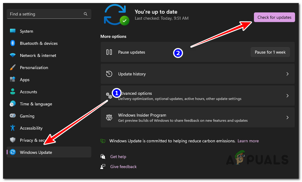 Accessing the Windows Update screen