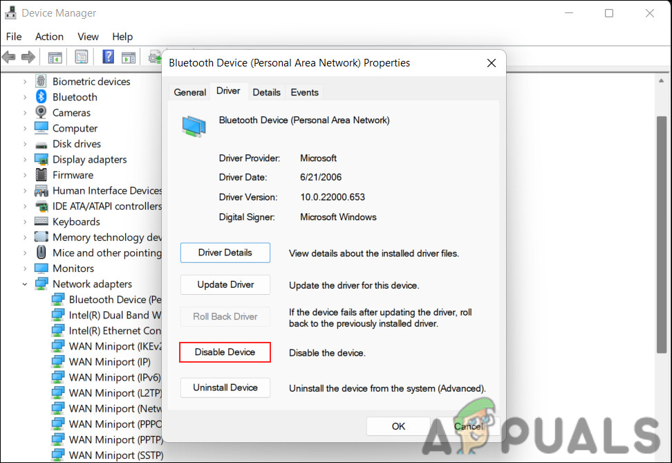 Click on the Disable Device button