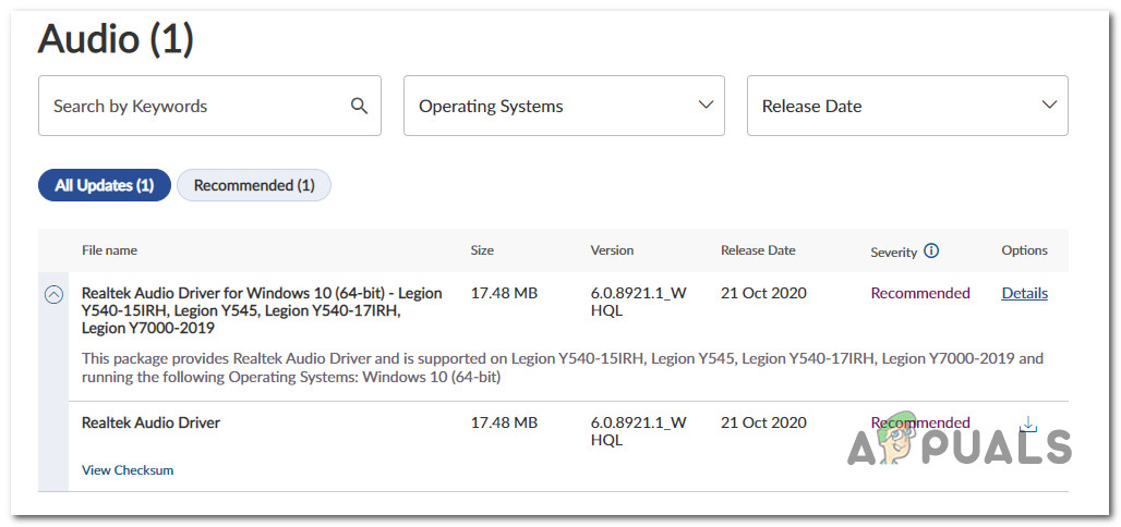 Download the recommended Realtek Audio driver