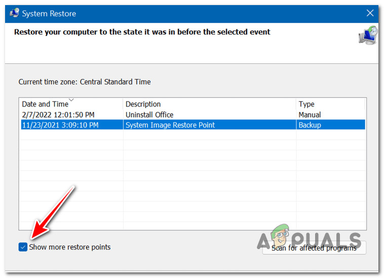 Showing more restore points