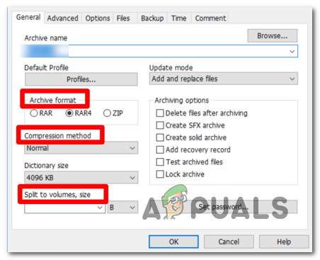 Splitting the volumes with Win Rar