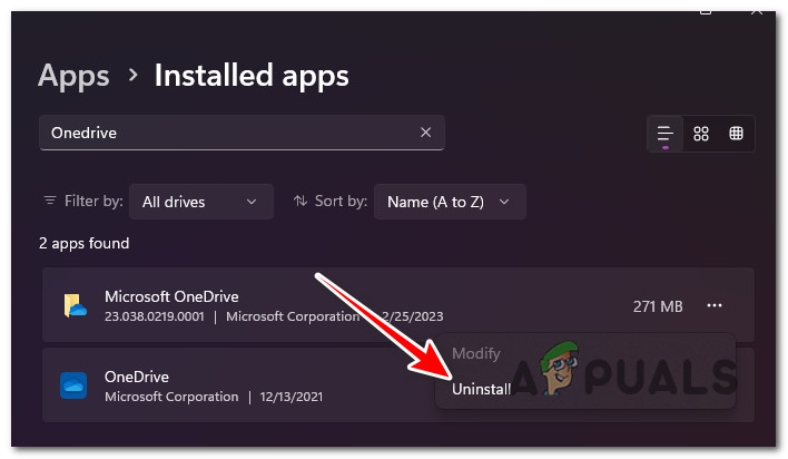 Uninstall the OneDrive installation