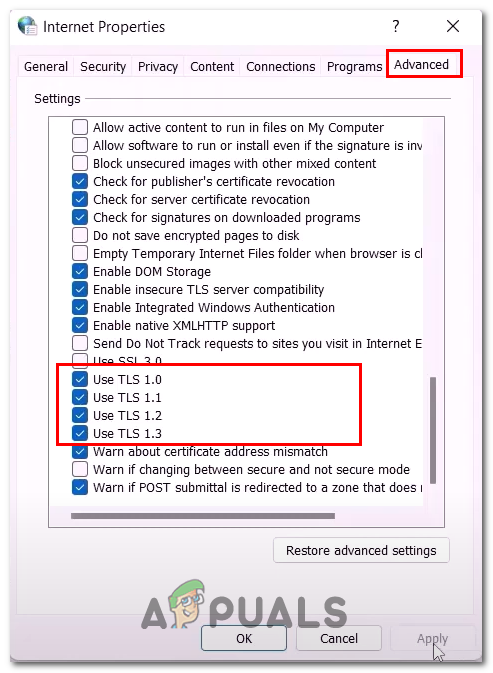 Enabling TLS in the Internet option window