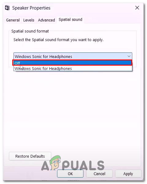 Disabling the spatial sound feature in windows sound settings
