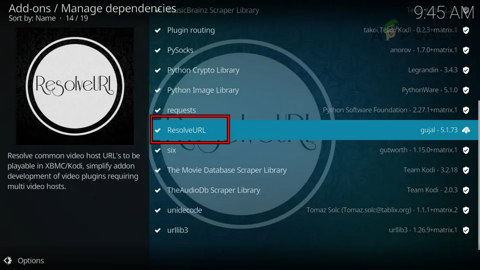 Open ResolveURL in Manage Dependencies of Kodi Addons