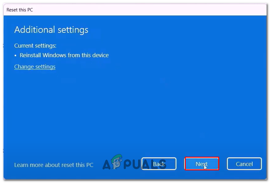 Clicking on the next button in the Reset this PC window