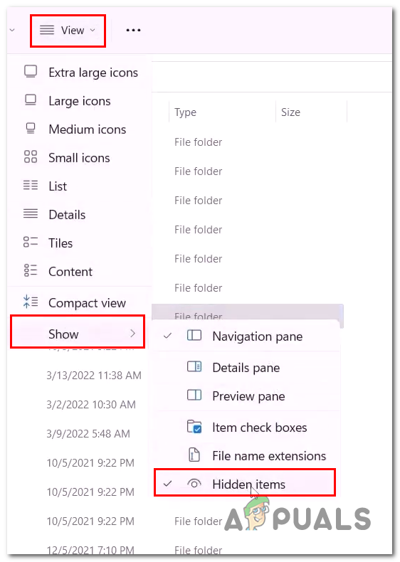 Checking the Hidden option to unhide the folders
