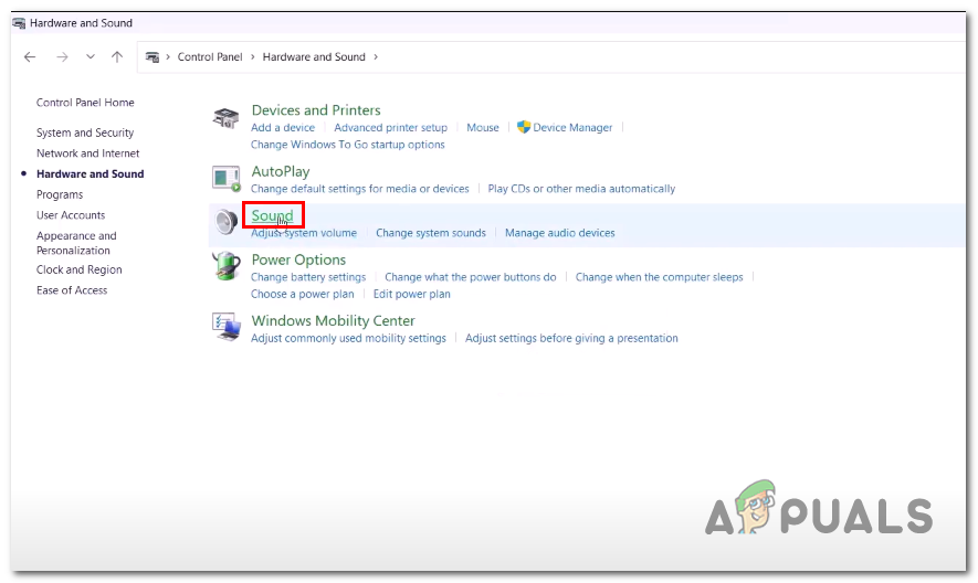 Opening the sound settings via the control panel