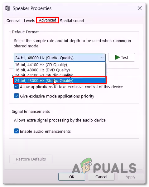 Selecting the 48kHz audio sample rate in the advanced audio settings