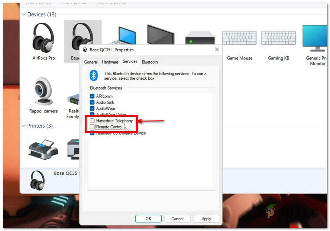 Unchecking the Handsfree telephony option in headphone properties