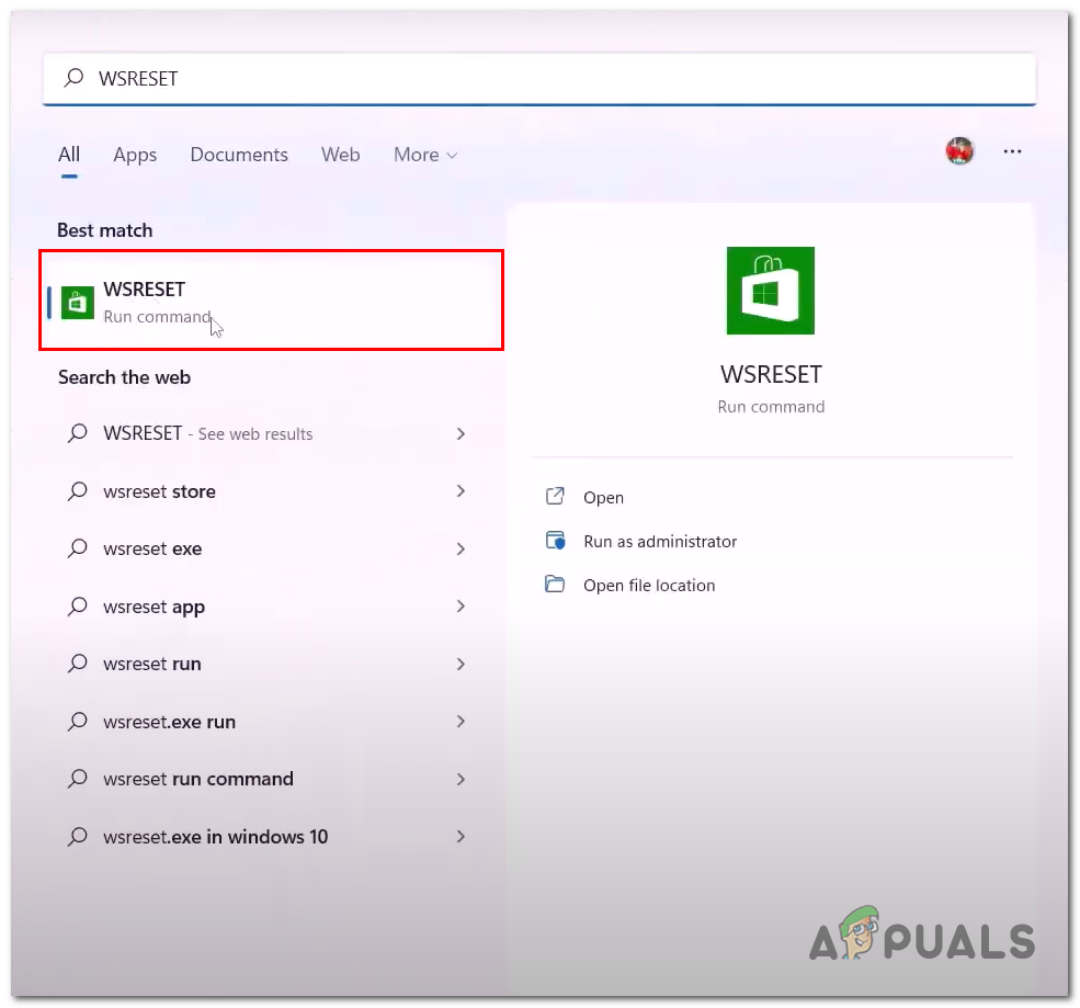 Opening WsReset via the Start menu search bar&nbsp;