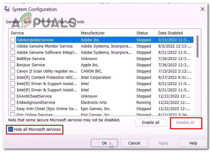 Performing a clean boot via system configurations window