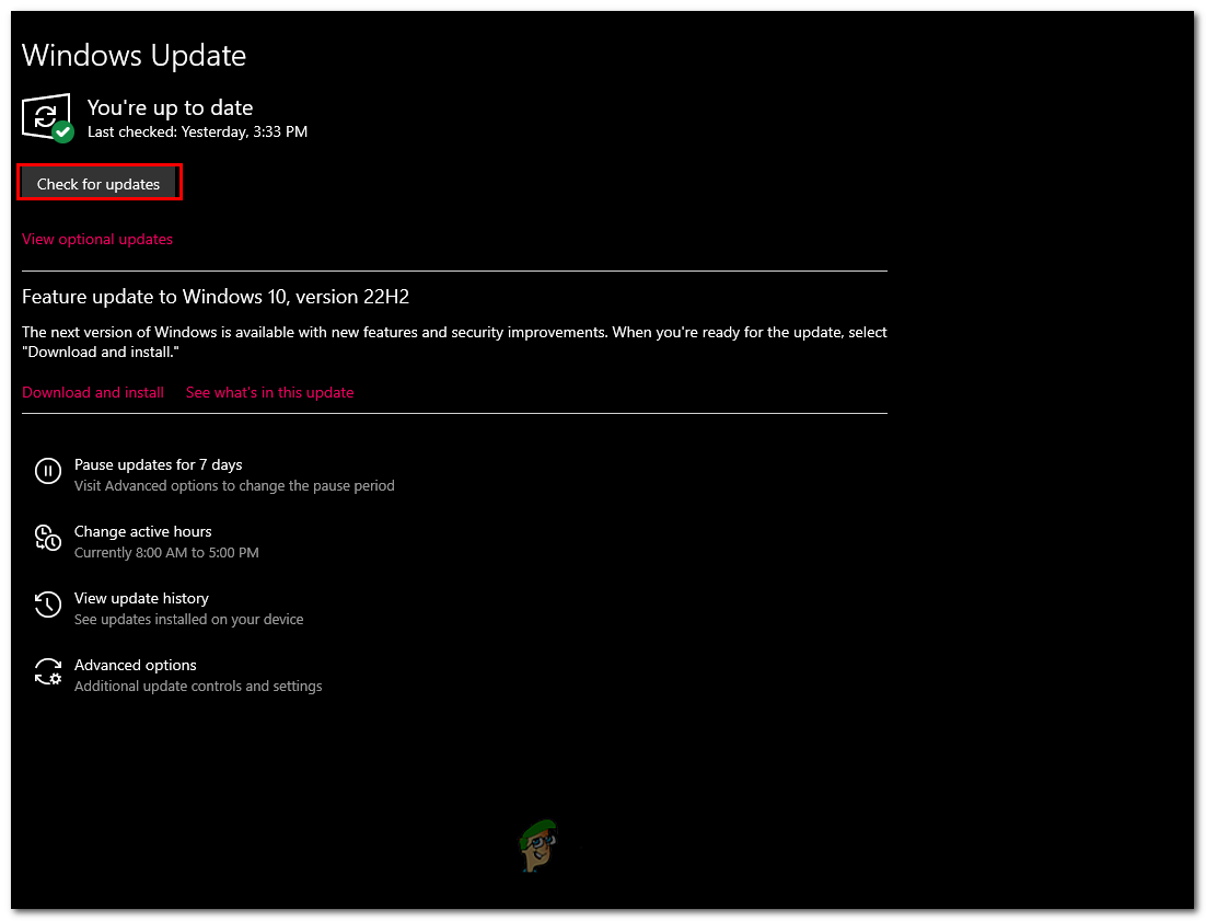 Clicking on the Check for updates button in the windows settings