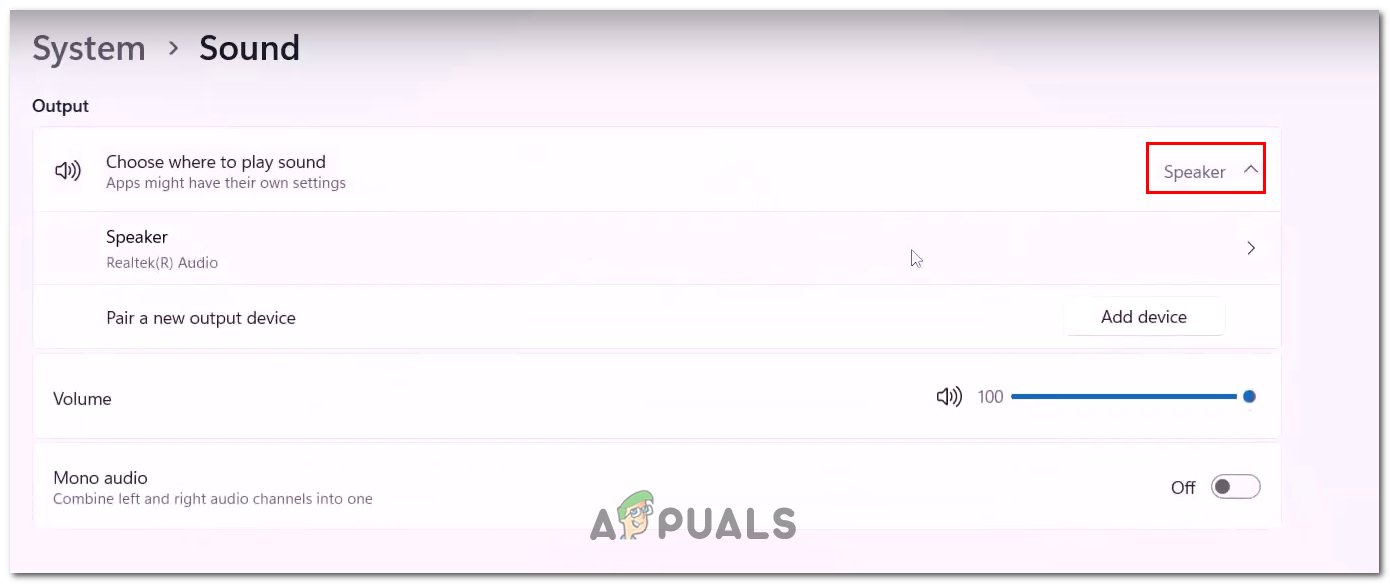 Selecting the audio output device in the sound settings