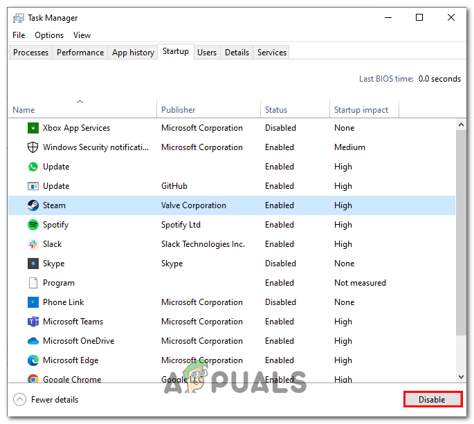 Disabling the startup applications via the start menu