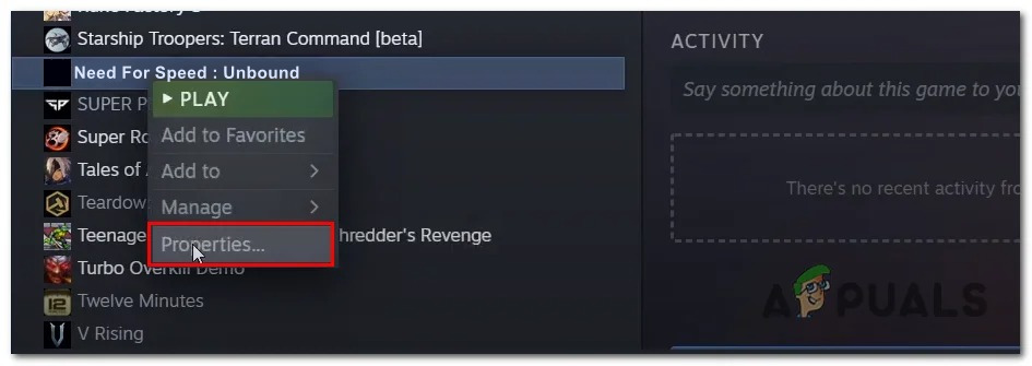 Opening the properties of the game via the steam client