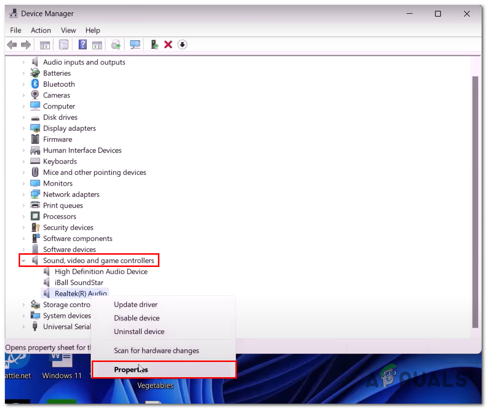 Opening audio device peropteries via the device manager