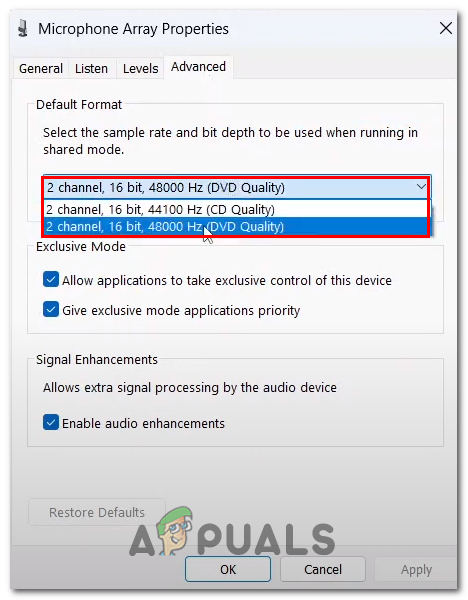 Configuring the sound sample rate in sound control panel