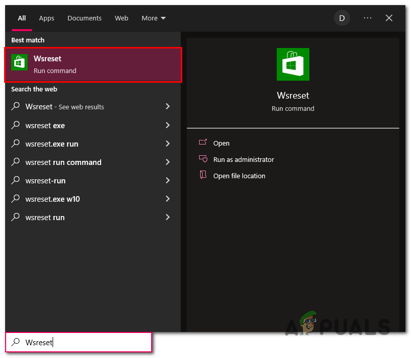 Opening WsReset via the start menu 