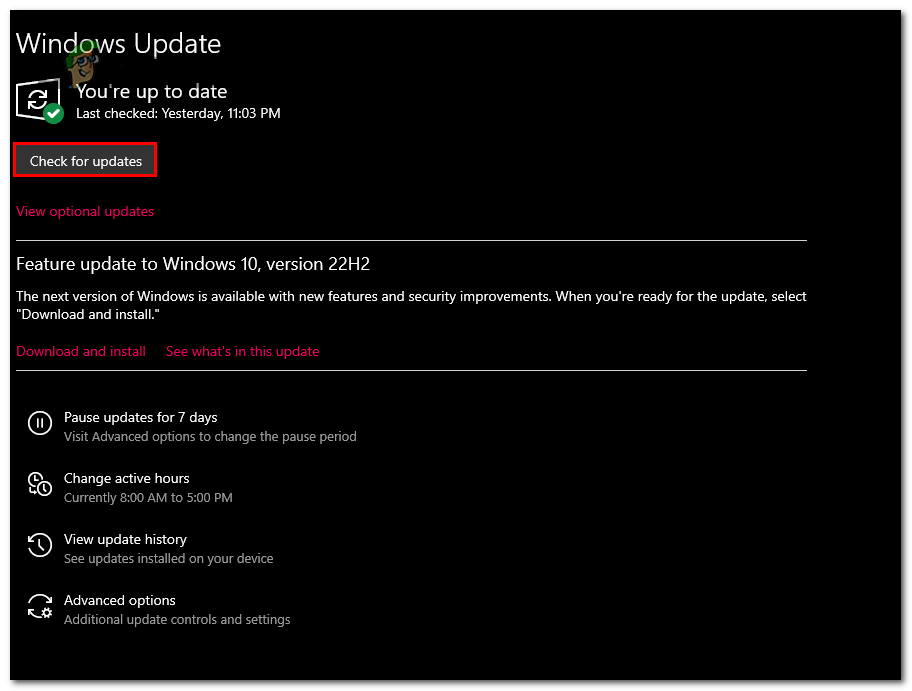 Clicking on the "Check for updates button"