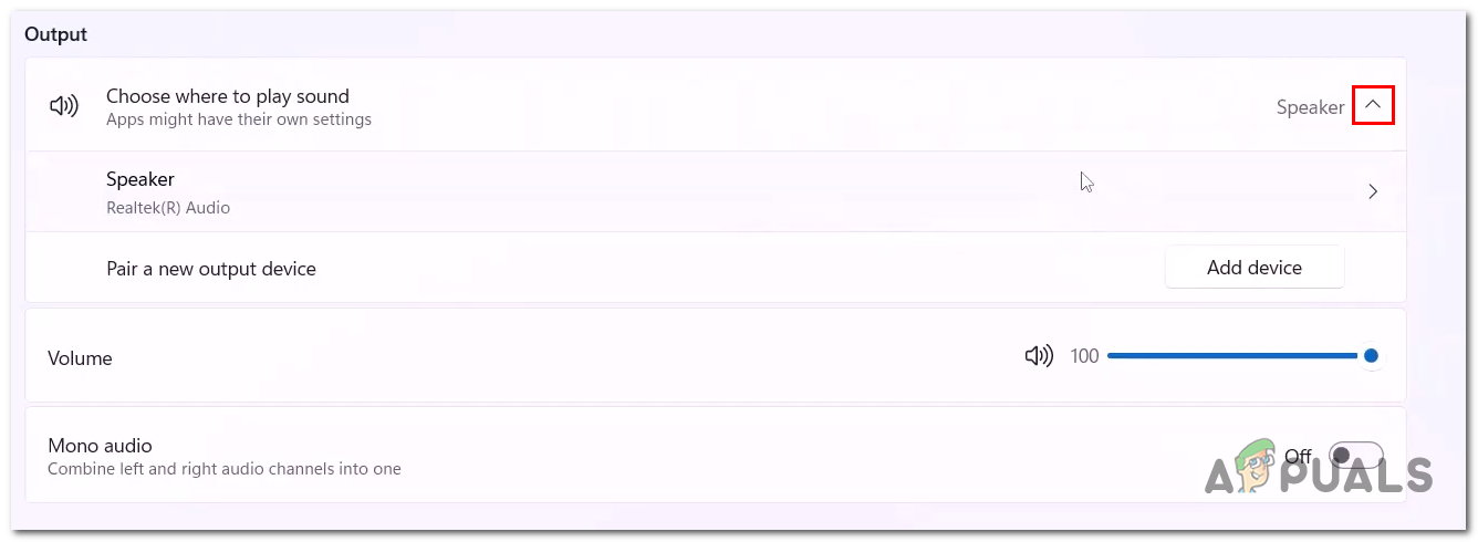 Selecting output device in the sound settings