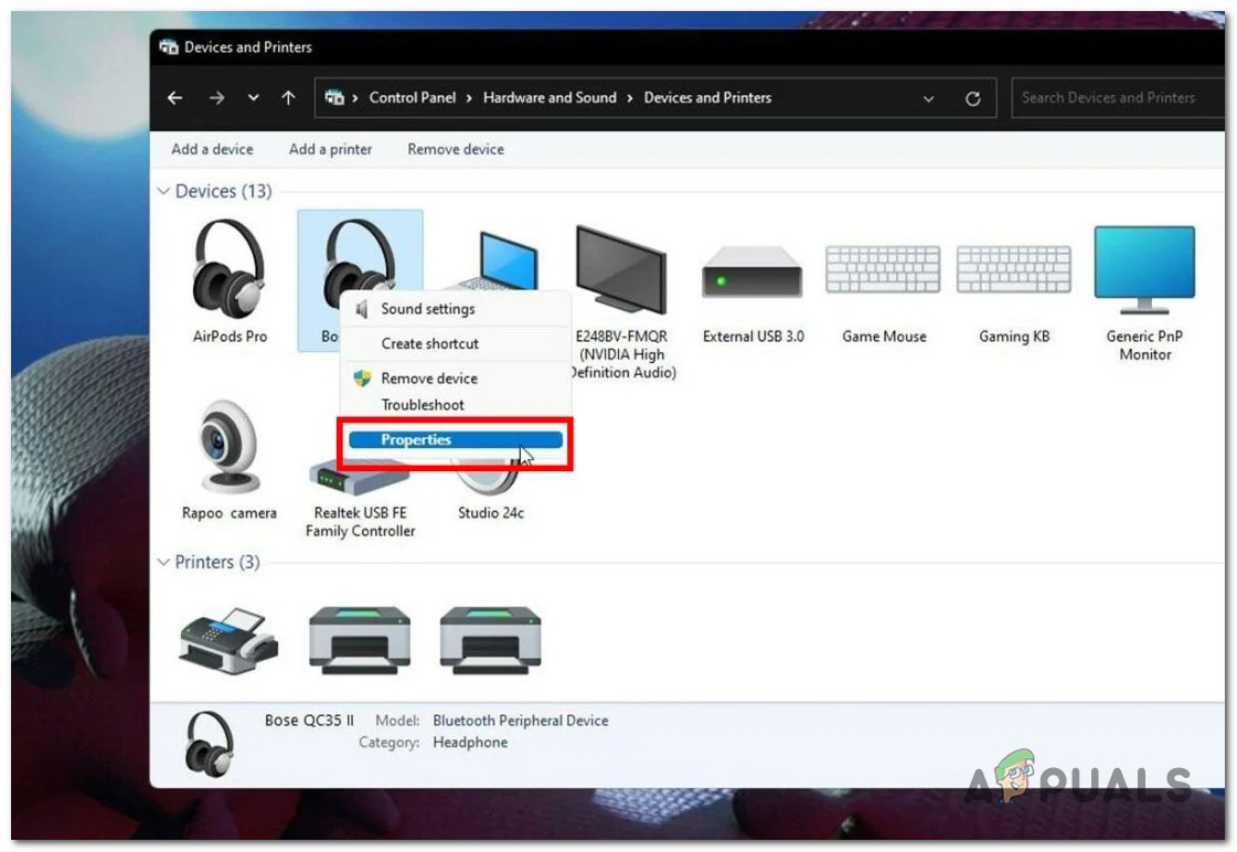 Opening the properties of your bluetooth headphone