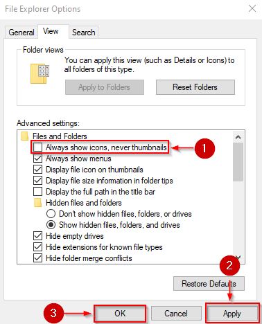 Disabling the always show icons, never thumbnails option