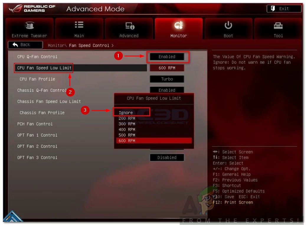 Changing CPU fan speed low limit setting to ignore