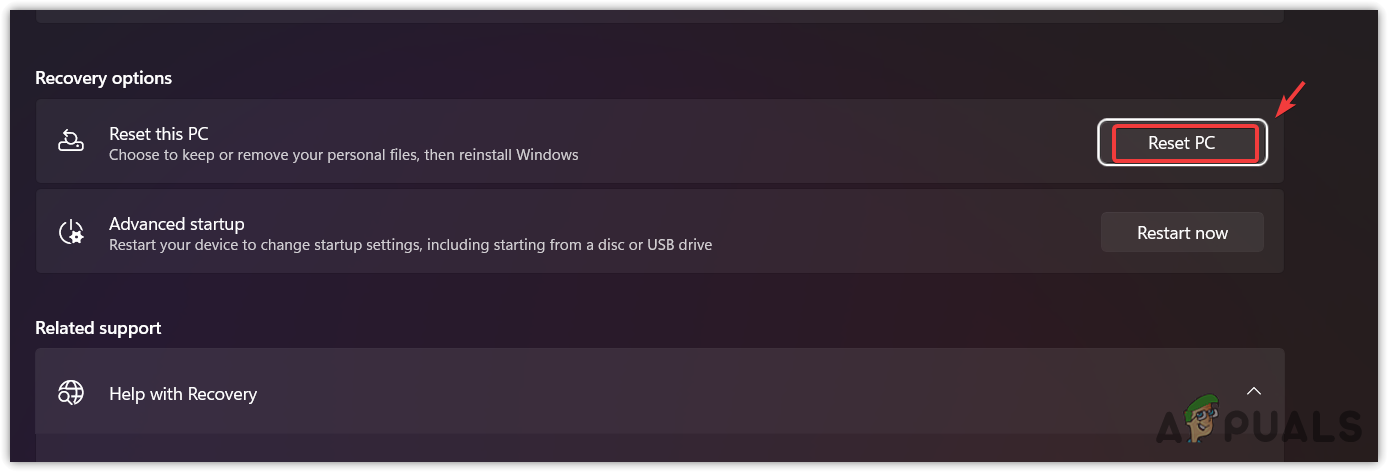 Clicking the Reset PC to reset Windows