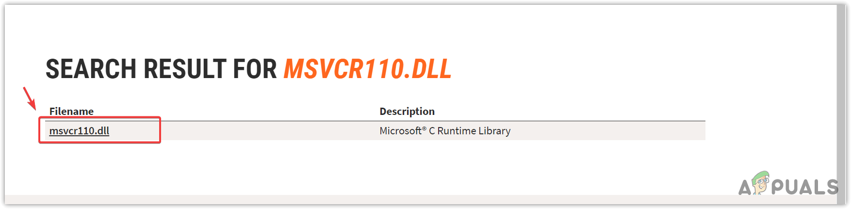 Clicking on the appropriate DLL file from the results