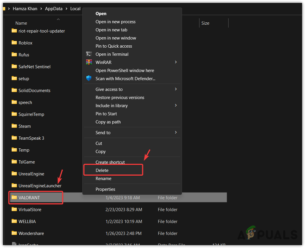 Deleting VALORANT folder from the config files