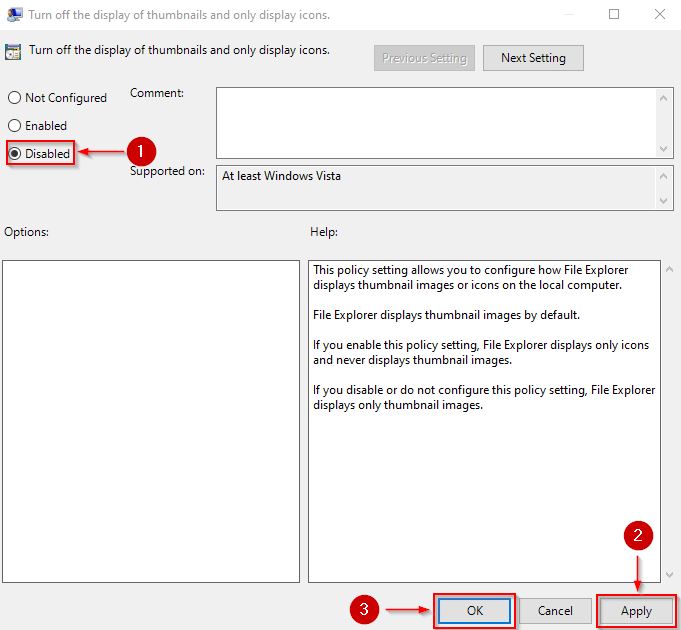 Disabling Turn off the display of thumbnails and only display icons option